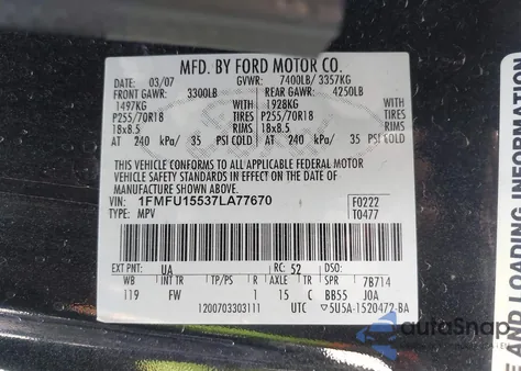 2007 Ford Expedition Xlt z USA, uszkodzony, nr VIN 1FMFU15537LA77670